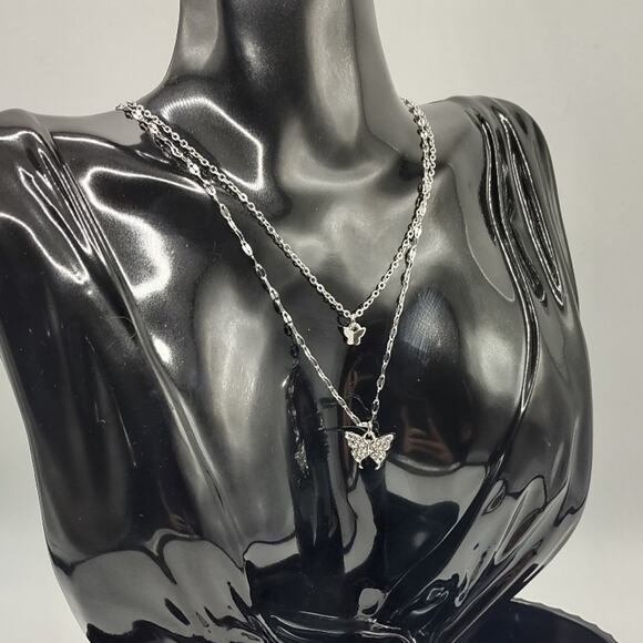 Sterling Silver Plated Layered Necklace Butterfly & Zirconia Valentines Birthday - Picture 1 of 5